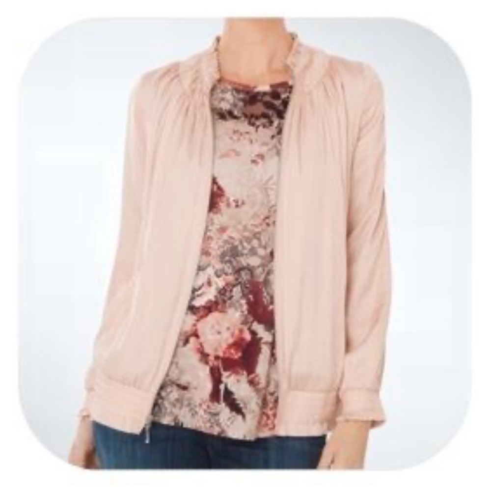 New Chico's Women's Pink Satin Bomber Jacket XL Shirred Ruffle Trim Full Zip